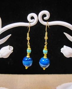 Closeout! Beautiful 18k Gold Plated Blue Agate & Turquoise Dangle Earrings F103 - Picture 1 of 2