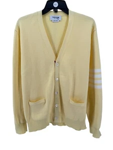 Thom Browne Men's Yellow Cotton V-Neck 4-Bar Cardigan Sweater Size 4 (US XL) - Picture 1 of 6