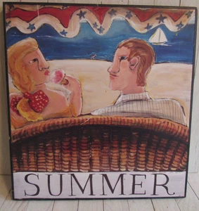 Vintage Nancy Thomas 1994 Sommer Volkskunst primitive Plakette Strand Eis 14" x 15 - Bild 1 von 10