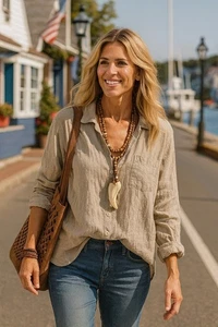 FLAX Button Up Long Sleeve Lagenlook Oversized Boho Beige Tan Women's Size Small - Picture 1 of 12