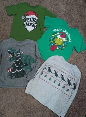 Lot of  4 Boys Christmas Shirts Long & Short Sleeve Size 10/12 Dinosaur Grinch - Image 1 of 4