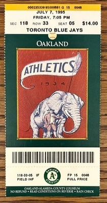 Mark McGwire HR #262 1995 Joe Carter HR talón de boleto completo Toronto Oakland 7/7 Foto 1 de 2