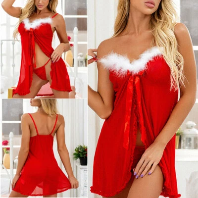 女士圣诞睡衣前开性感内衣带毛皮装饰圣诞老人角色扮演 — 第 1/4 张图片