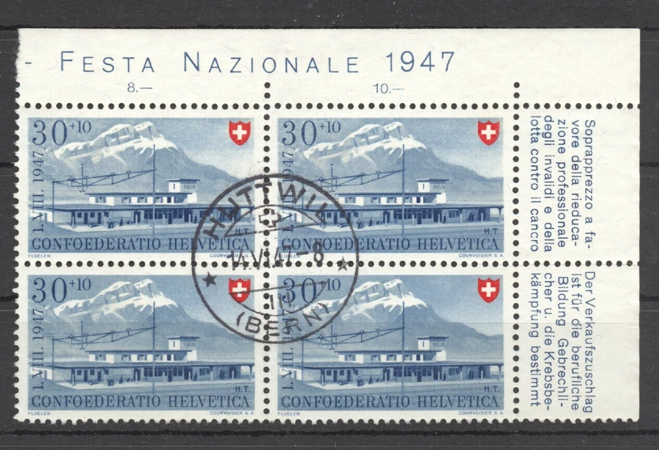 Switzerland 1947 Pro Patria 30 Cts. Corner Block of 4 w. inscriptions, FD Cancel - Image 1 of 1