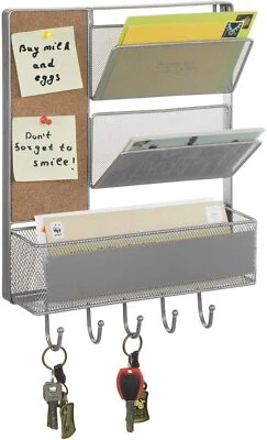 MyGift 3 Basket Silver Metal Mesh Wall Mail Rack with Cork Board and 5 Hooks - Image 1 of 4
