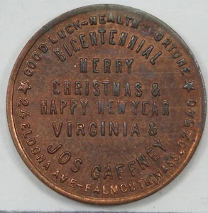 1976 Jos Gaffney Merry Christmas Virginia US Bicentennial Personal Token (#2) - Picture 1 of 2