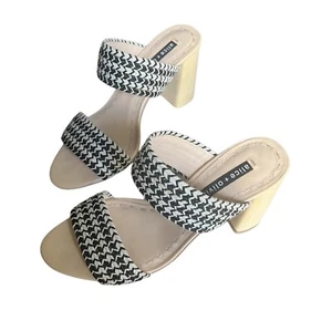 Alice + Olivia Leeda Raffia Black White Patterned Slip On Block Heel Sandals 8.5 - Picture 1 of 4