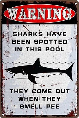 Letrero de hojalata de metal vintage con reglas de piscina sin orinar piscina tiburón 12x16 Foto 1 de 4