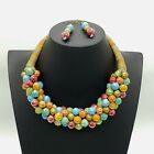 Colorful Artisan Festival Glass Metal Cluster Bead Threaded Necklace & Earrings 