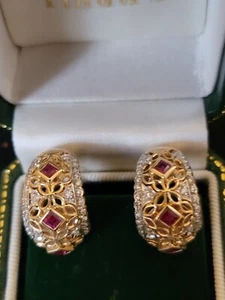 1 carat Ruby .42carat Diamond 14K Yellow Gold Huggie Hoop Earrings 11.25 grams - Picture 1 of 9