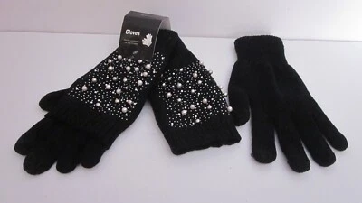 MUJER 2 PIEZAS GUANTES DE INVIERNO NEGROS CON JOYAS CON PERLAS Y CUENTAS DE PLATA NUEVOS Foto 1 de 4