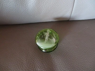 MARIE GREGORY ANCIENNE PETITE BOITE à PILULES RONDE en VERRE EMAILLE Verte - Photo 1/4