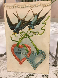 Antique embossed postcard Hearts birds Nevada City post Mark early 1900's  - Picture 1 of 12