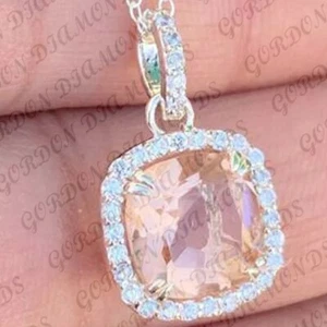 5.60ct Cushion Natural Morganite &Diamond Pendant 18K White Gold Plated No Chain - Picture 1 of 9