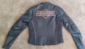 Harley Davidson Womens Lg Black Leather Jacket Orange Zip Snap Soft Water Street - Picture 1 of 18