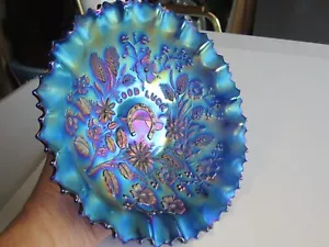 Northwood ELEKTRISCH BLAU KARNEVAL GLAS 9" VIEL GLÜCK GEKRÄUSELTE SCHALE Tortenboden Rand - Bild 1 von 6