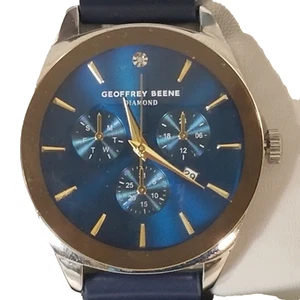 Geoffrey Beene Quartz Watch Mens Blue Dial Diamond Leather Band NEW - Picture 1 of 10