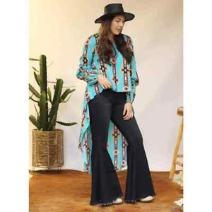 Turquoise Haven Women's Aztec Print Blouse Hi-Low Turquoise Western Style Sz SM - Picture 1 of 7