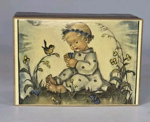 Vintage Swiss Wood Music Box Edelweiss Mapsa Baby Child & Bird   - Picture 1 of 7