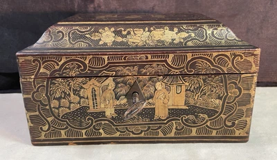 ANTIQUE 19TH C CHINESE BLACK LAQUER GILDED SCENE SARGOPHAGUS WOOD BOX W/ KEY - Image 1 of 4