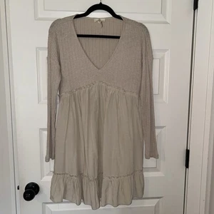 Entro Women's Beige Long Sleeve S Babydoll Dress Size Small Ruffle Hem - Picture 1 of 3