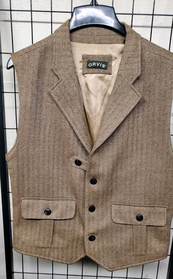 NEW ORVIS 100% Wool Herringbone Tweed Vest Button Belted Western Waistcoat XL - Image 1 of 4