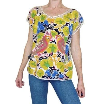 Vintage Bali Colorful Abstract Bird Hippie Crochet Blouse - Изображение 1 из 4