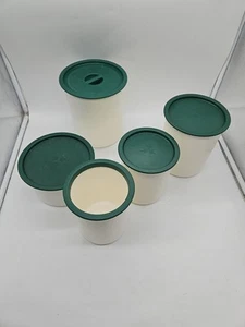 Tupperware One Touch 4 White Canister Set W/ Hunter Green Lids 1 Utensil Holder - Picture 1 of 7