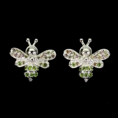 925 Sterling Silver Earrings Round Chrome Diopside Sapphire Gemstone Jewelry - Image 1 of 4