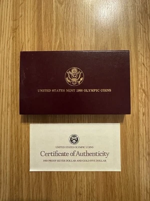 1988 US Olympic 2 Coin Set - $5 Gold & Silver $1 Dollar. US Mint Box & COA - Image 1 of 4