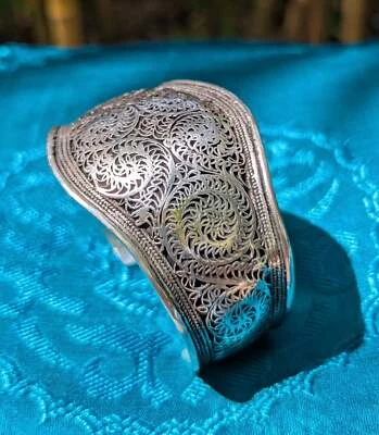 Meravigliosa Largo Tibetano Argento Bracciale IN Nepal, Filigrana a Mano - Immagine 1 di 3