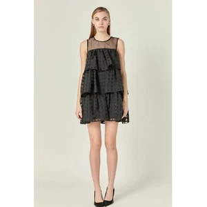 NWT $90 English Factory Organza Gridded Tiered Sleeveless Mini Dress L Black - Imagen 1 de 14
