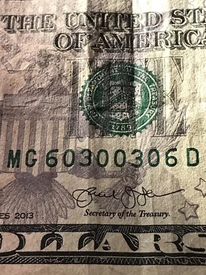 $5 RADAR Five Dollar Bill w Fancy Serial Number 6 0 3 0 0 3 0 6  60300306  RADAR - Image 1 of 4