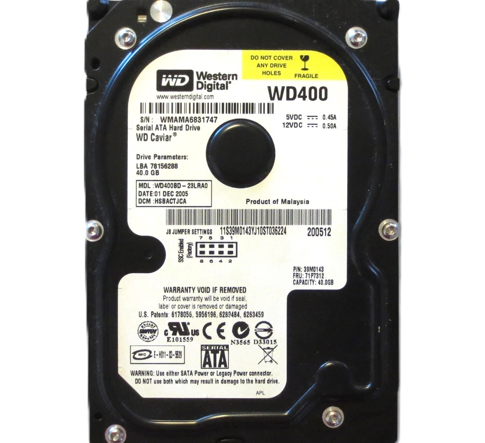 WD WD400BD-23LRA0 HSBACTJCA (WMAM) 3.5" Malaysia 40gb Sata HDD 01DEC2005 - Image 1 of 1
