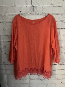 St. John's Bay Coral Solid Top Lace Bottom 3/4 Sleeve Cotton/Poly EUC Women's 3X - Picture 1 of 6
