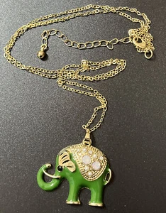 Green Enamel Elephant Moon Glass Jewels Necklace With Gold Chain - Picture 1 of 5