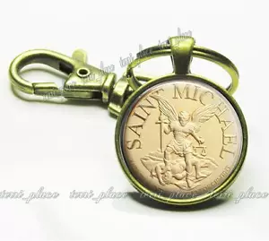 St Michael Patron Saint of Law Enforcement Glass Top Bronze Key Chain Gift Idea - Picture 1 of 2