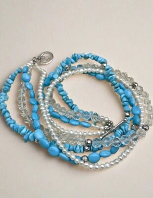Sterling Necklace Pearl & Crystal “Turquoise” Color Stones ESTATE FIND - Image 1 of 4