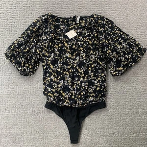 Free People Intimately Bodysuit Small S Black Floral Puff Sleeve NWT Top Womens - Picture 1 of 15