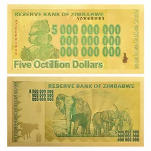 Billete de oro de 5 octillones de Zimbabue reserva banco de Zimbabue serie 100 billones - Imagen 1 de 4