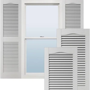White Vinyl Shutters 14.5x60" Cathedral Top Open Louver Pair w/Hardware - Picture 1 of 7