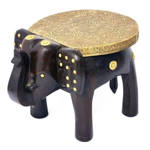Wooden Elephant Stool Brass-Fitted Elephant Table Pedestal Table Corner Table - Picture 1 of 5