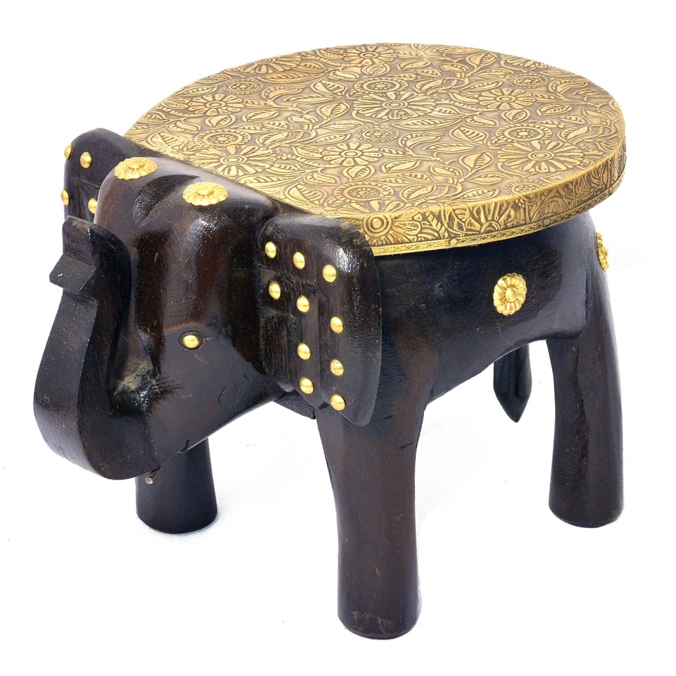 Wooden Elephant Stool Brass-Fitted Elephant Table Pedestal Table Corner Table - Image 1 of 4