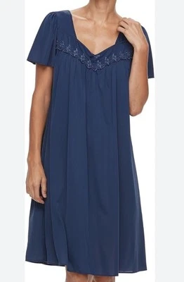 Camisola MISS ELAINE Classics azul marinho de náilon sedoso manga curta bordada G nova com etiquetas - Imagem 1 de 4