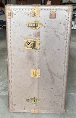 WHEARY Upright Wardrobe Steamer Trunk Tan 1920s 5 drawer Antique w/keys LOCAL - Image 1 of 4