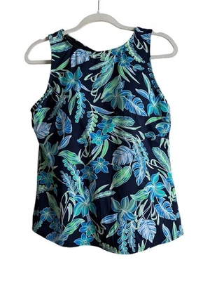 LANDS END Women’s Blue Green Floral High Neck Tankini Top Bra Swimsuit Size 14 - Image 1 of 4