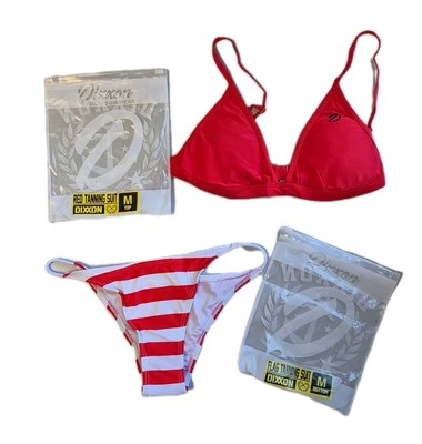 Nuevo con etiquetas Dixxon Flannel Co. Traje de baño mediano rojo blanco a rayas bikini patriótico 2 piezas Foto 1 de 4