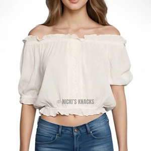Kiwi & Punch Embroidered Ruffled Crop Top Cream Short Puff Sleeves Cream Size S - Picture 1 of 9