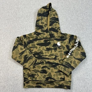 Carhartt Hoodie Boy Sz 5 Green Fleece Camouflage Pullover Casual Stretch Outdoor - Picture 1 of 7