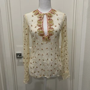 Abercrombie & Fitch Embellished Sheer Silk Blouse Top Size S Boho Beaded Floral - Picture 1 of 18